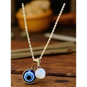 16 inch Stainless Steel Gold necklace w/ two charms; evil eye; pearl pendent
